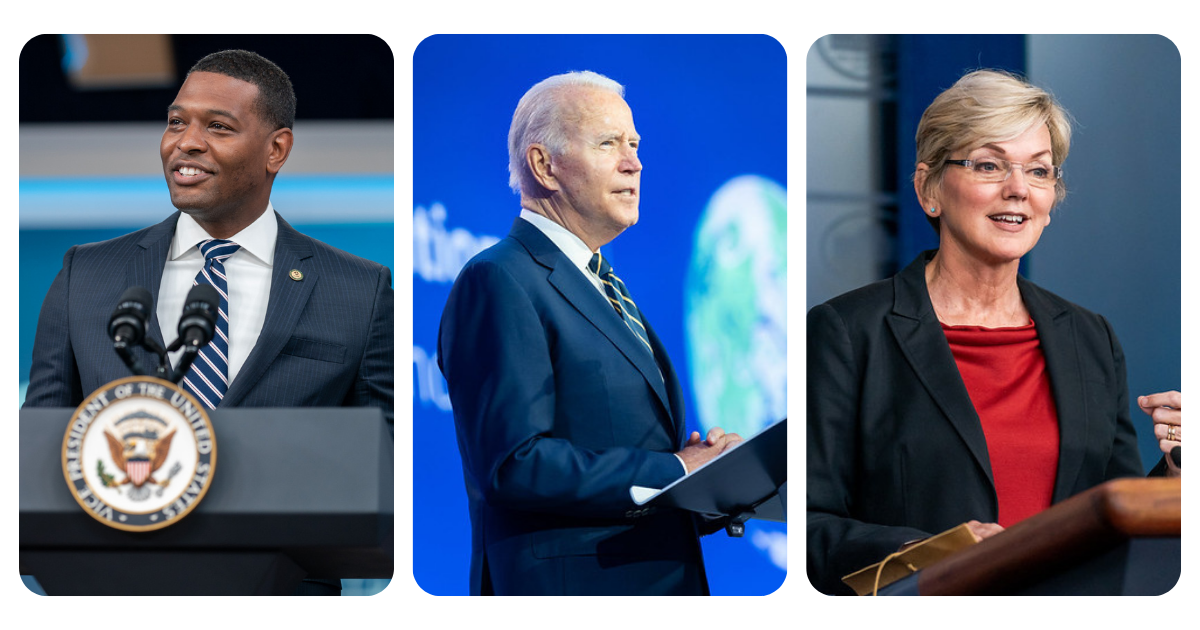 A series of photos showing EPA Administrator Michael Regan, President Joe Biden, and Energy Secretary Jennifer Granholm speaking at podiums.