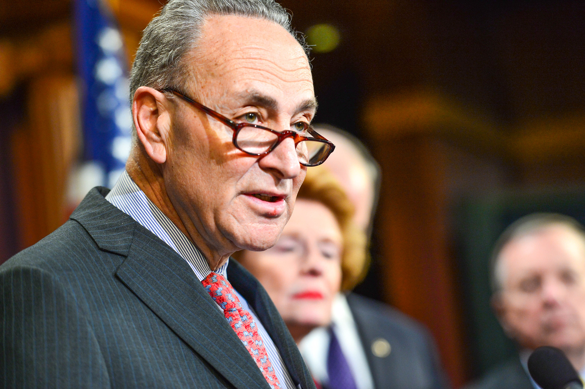A close up shot of Chuck Schumer speaking