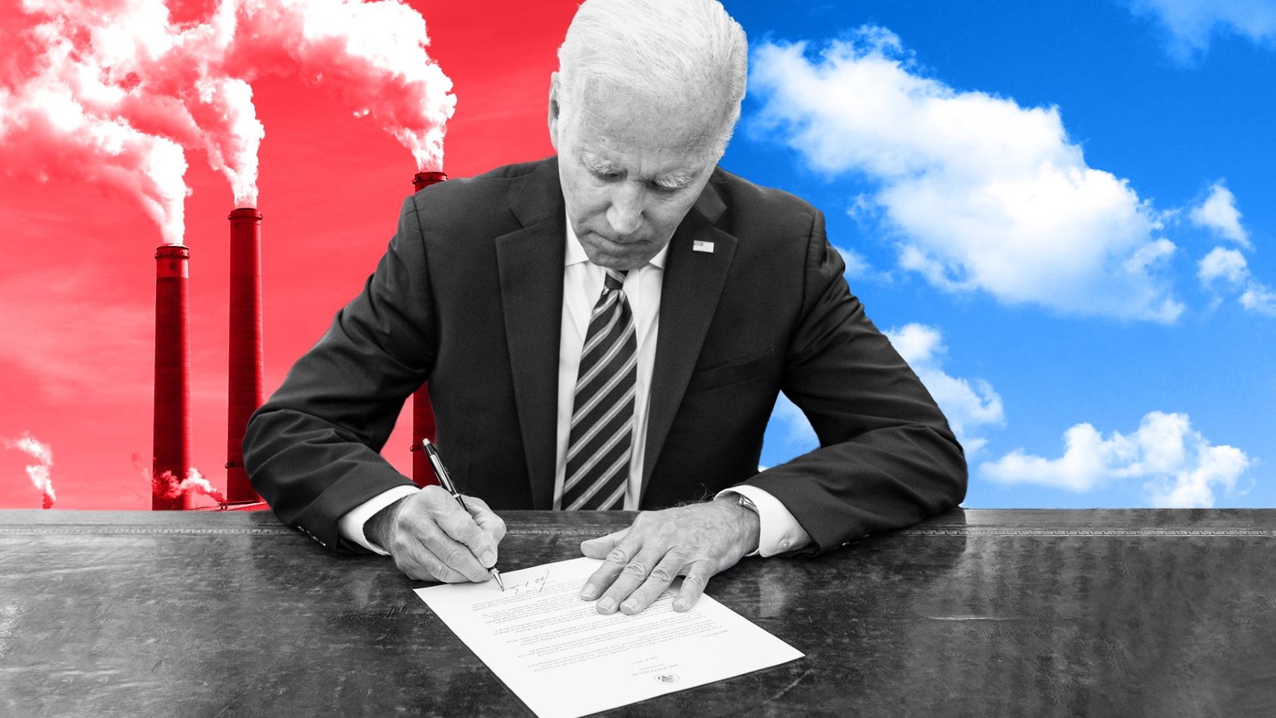 Composite image of President Biden (with a black and white filter) signing a bill in the center. To his right are coal power plant smoke stacks with a red filter. To his left is a bright blue sky.