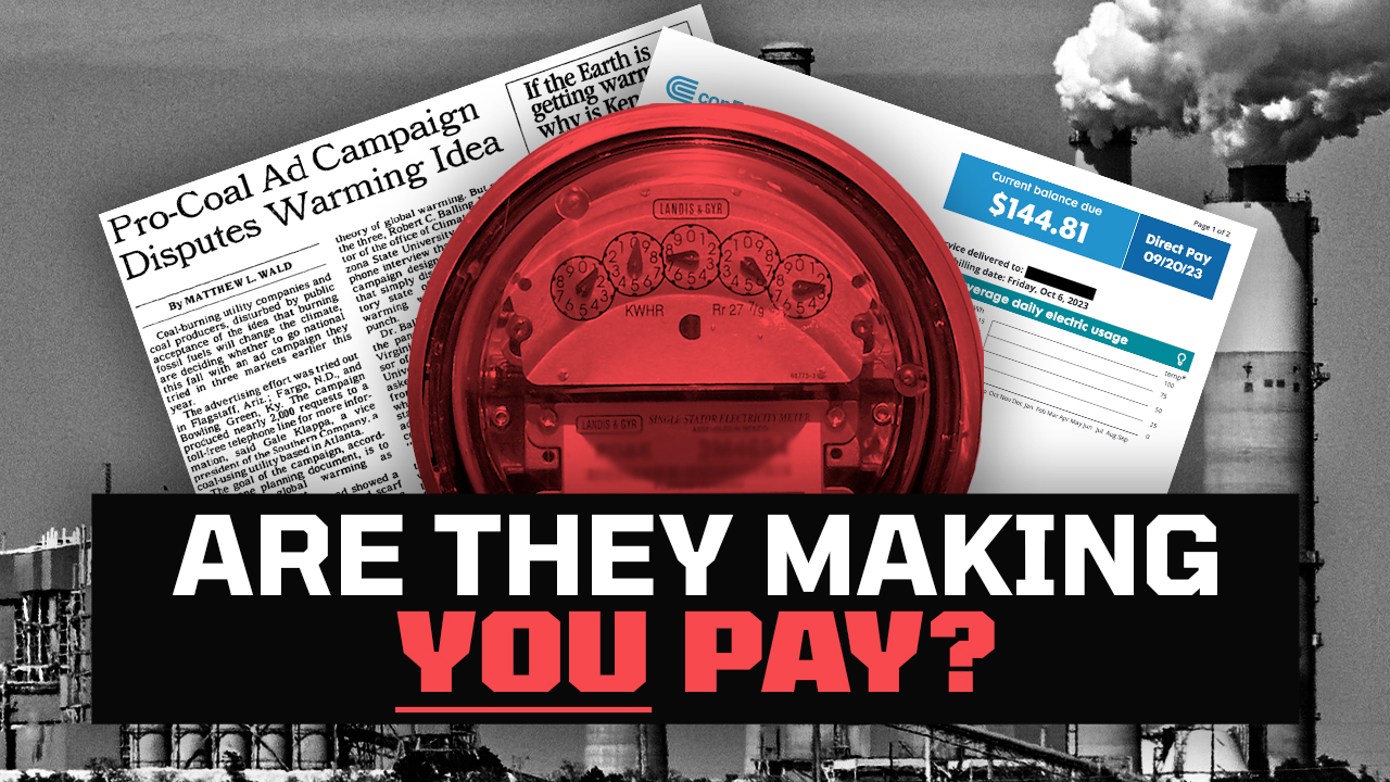 Video thumbnail: Utility Lobbying - Are They Making You Pay? Red gas meter, polluting power plants, and utility bills in the background.