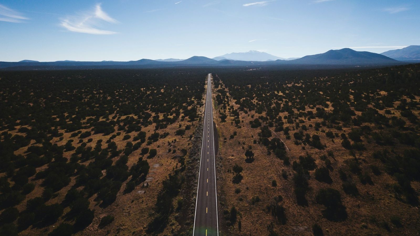 Overhead shot of long and open road