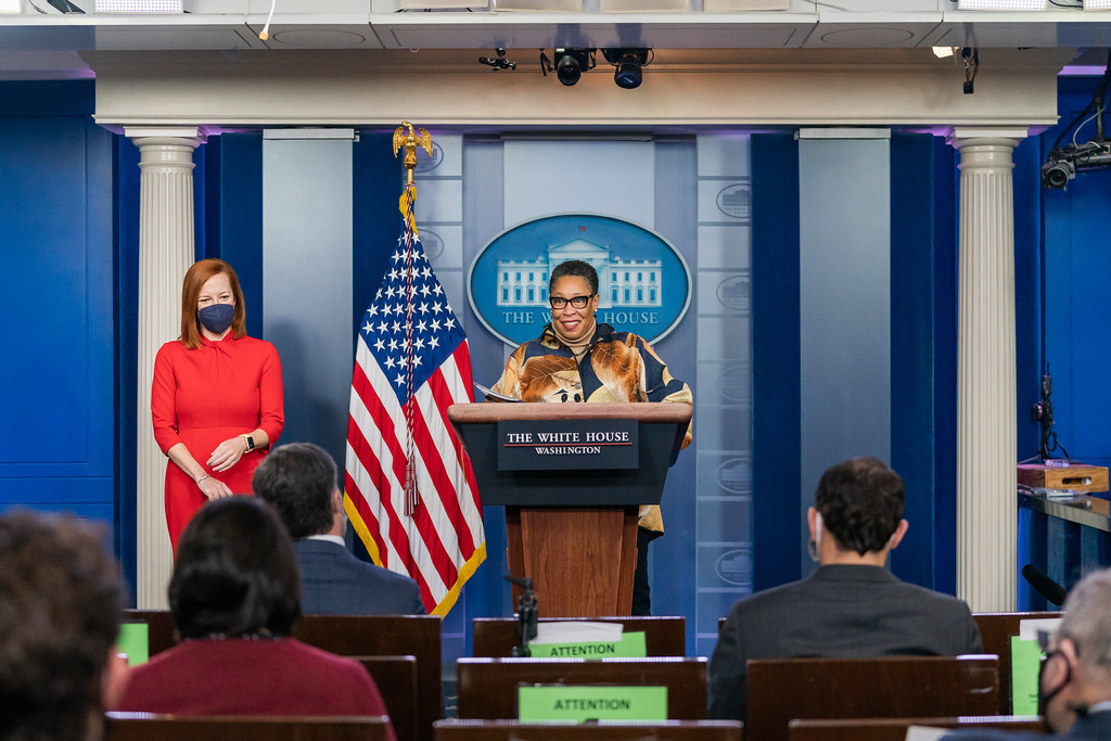 Secretary of Housing and Urban Development Marcia L. Fudge with Press Secretary Jen Psaki. 