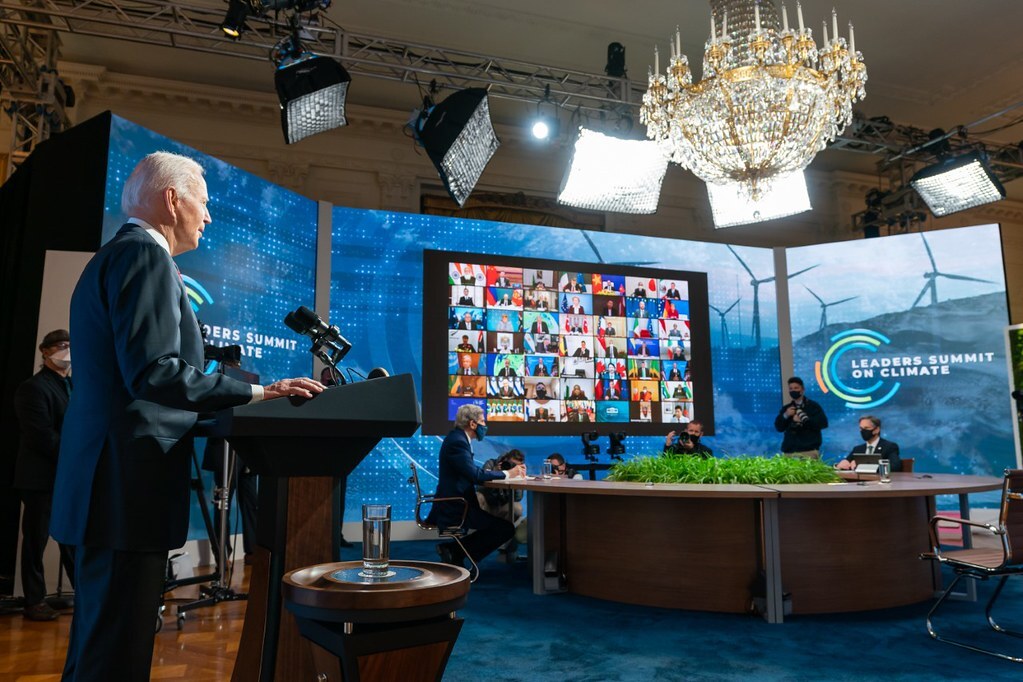 President Joseph R. Biden, Jr., with Secretary of State Antony J. Blinken and Special Presidential Envoy for Climate John Kerry, kicks off the virtual Leaders Summit on Climate in Washington, D.C., on April 22, 2021.