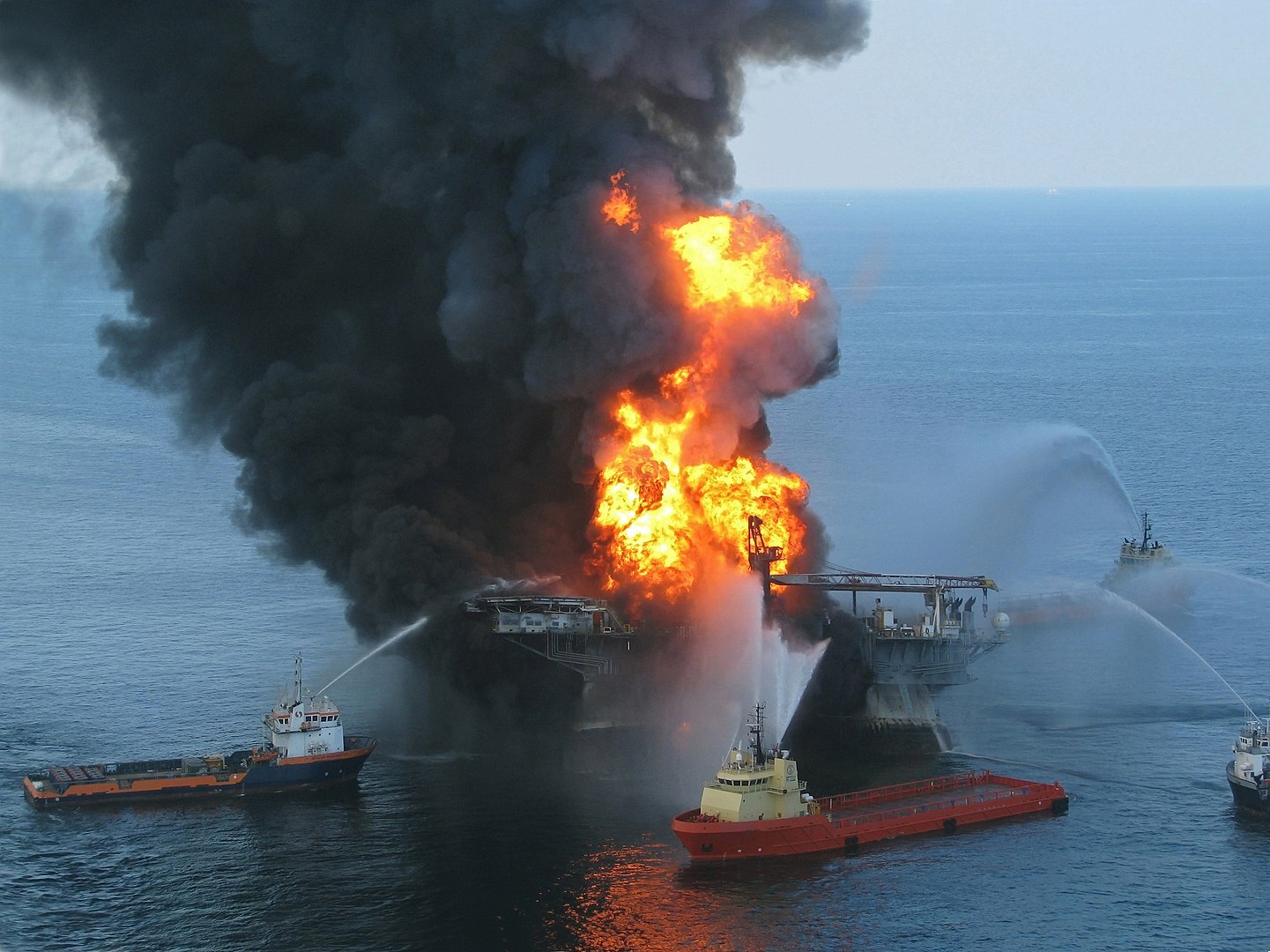 The Deepwater Horizon oil rig on fire in April of 2010