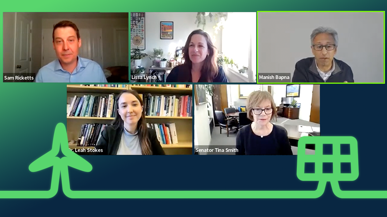 Sam Ricketts, Lissa Lynch, Manish Bapna, Leah Stokes, and Sen. Tina Smith on a Zoom call. 