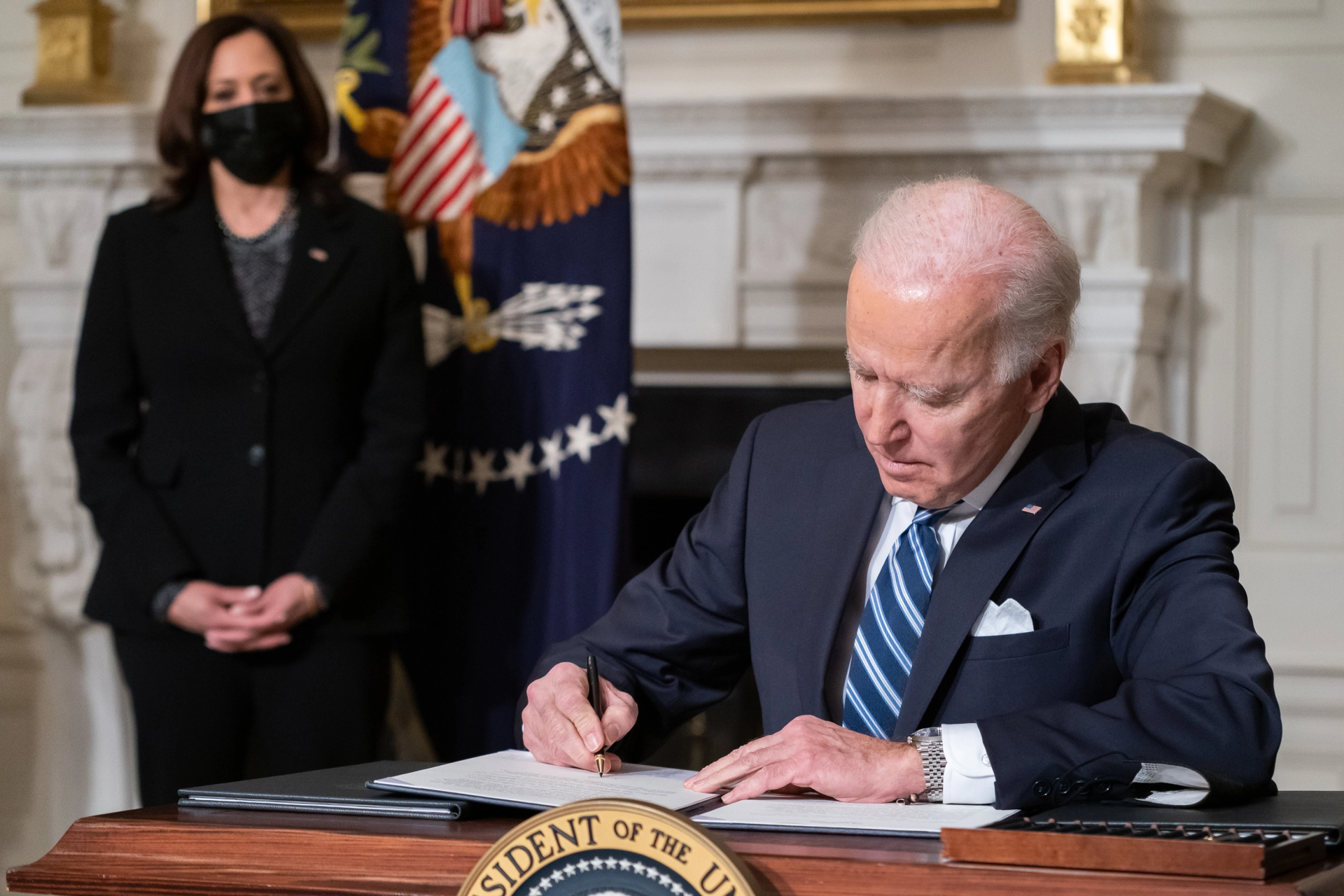 President Biden is joined by Vice President Kamala Harris as he signs executive orders.