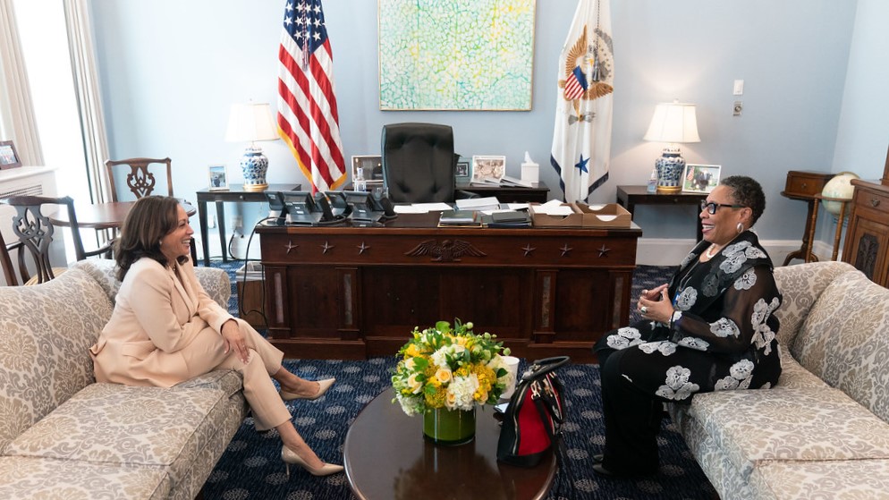 HUD Secretary Fudge happily speaking to Vice President Harris during a one-on-one sit-down at the White House.