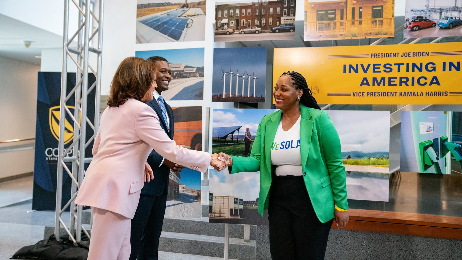 WeSolar Founder & CEO Kristal Hansley shakes Vice President Harris’ hand after briefing her on community climate action in Maryland.