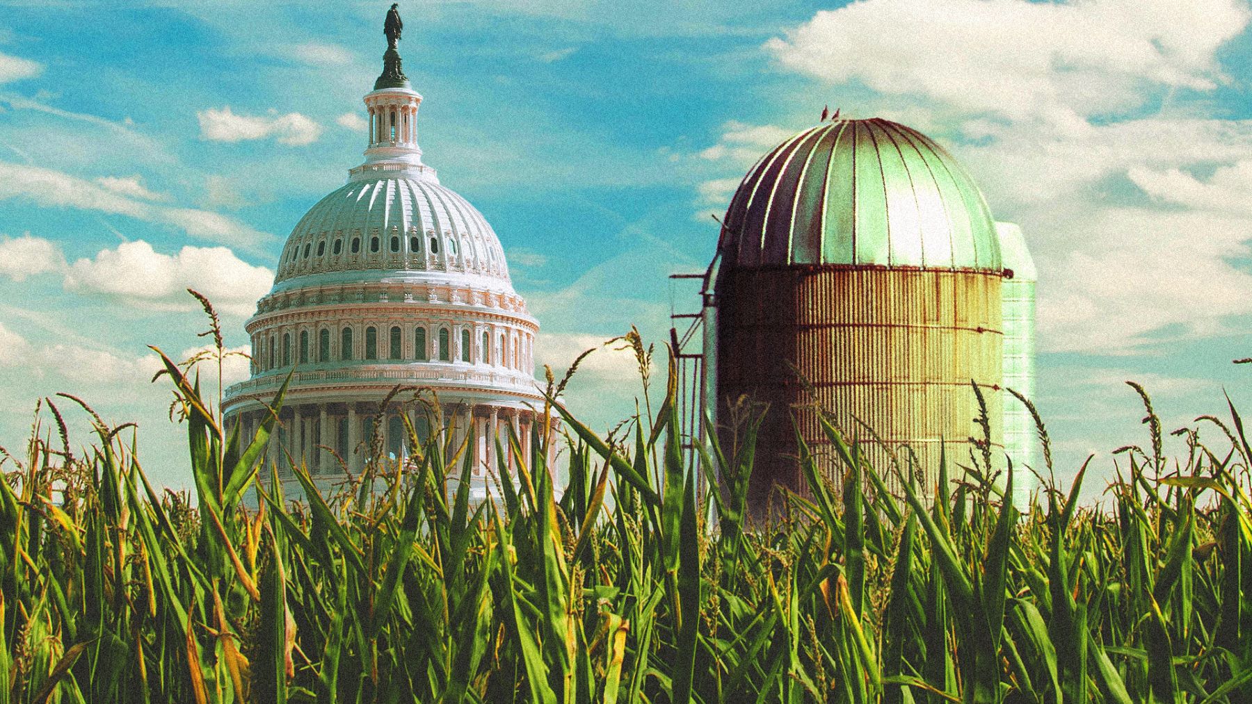 The U.S. capitol building and a farm silo side by side. 