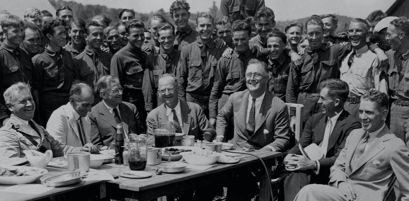 President Franklin D. Roosevelt making his first visit to a Civilian Conservation Corps camp in Shenandoah National Park in 1933. 