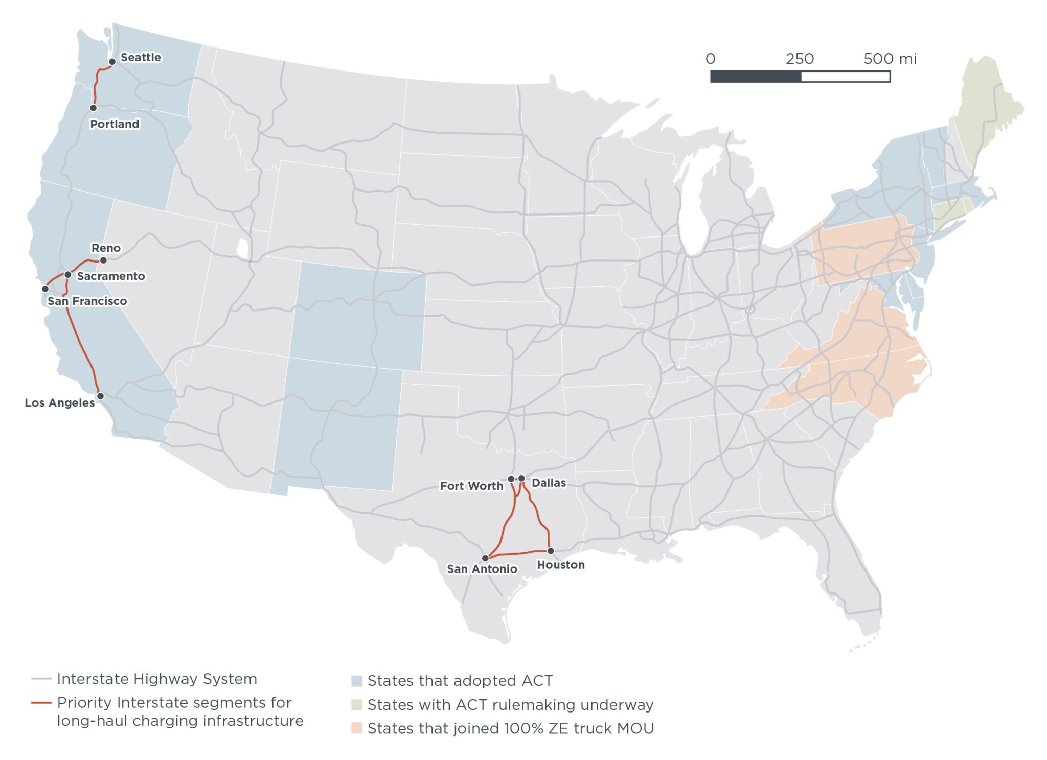 Map showing the interstate pathways that are priorities for adding charging infrastructure.