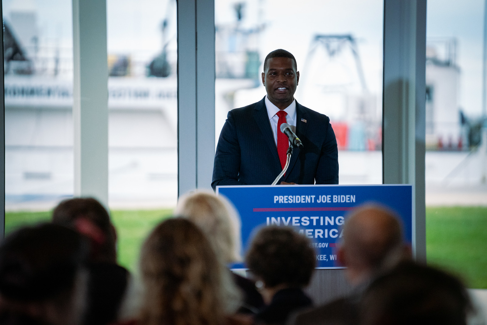 Administrator Michael Regan delivering remarks at a podium.