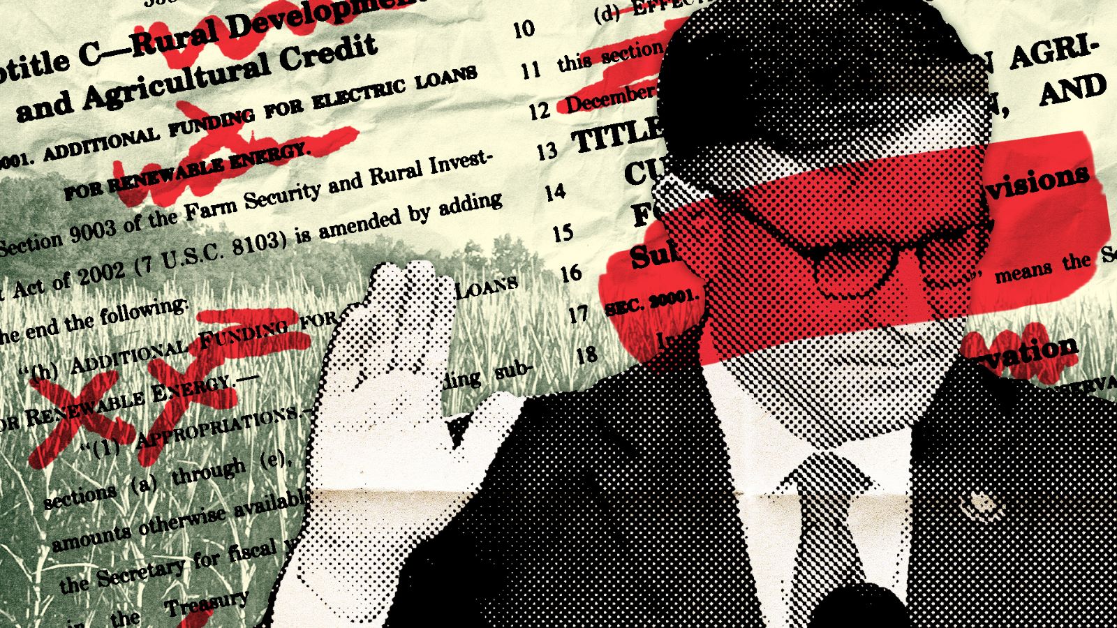 Graphic of Speaker Mike Johnson with bill text behind him. Red markings cross out words like 