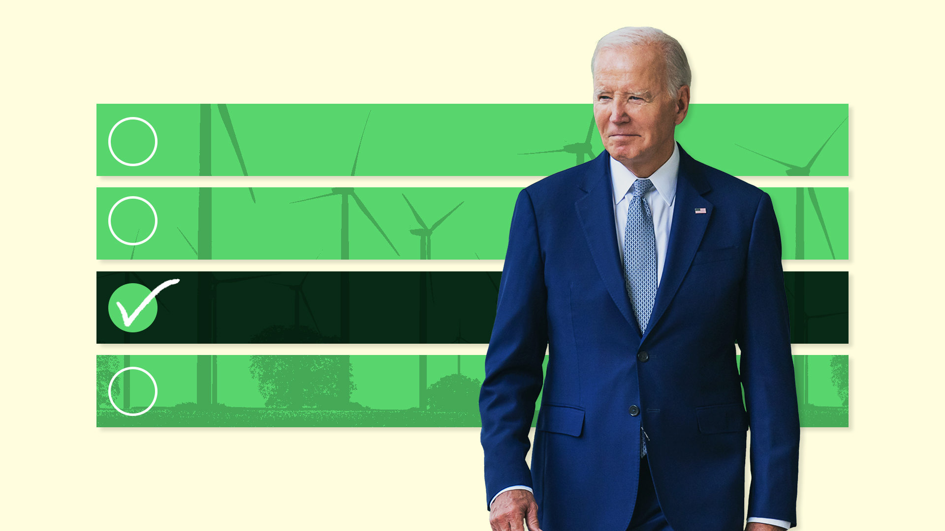President Biden with a stylized checklist behind him, overlaid over a field of turbines. 