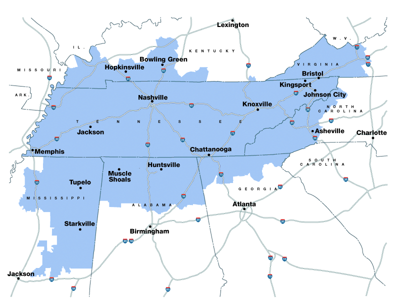 Map of TVA's electrical service areas highlighted in blue.