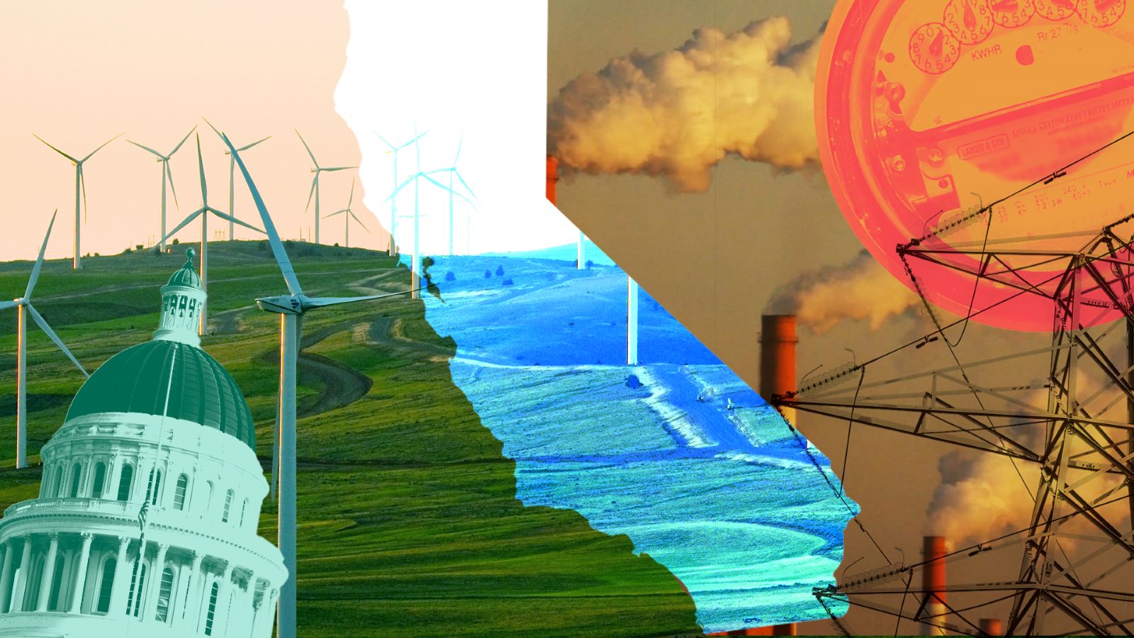 Split red and green collage of power plants, a utility meter, and windmills and the California state capitol building.