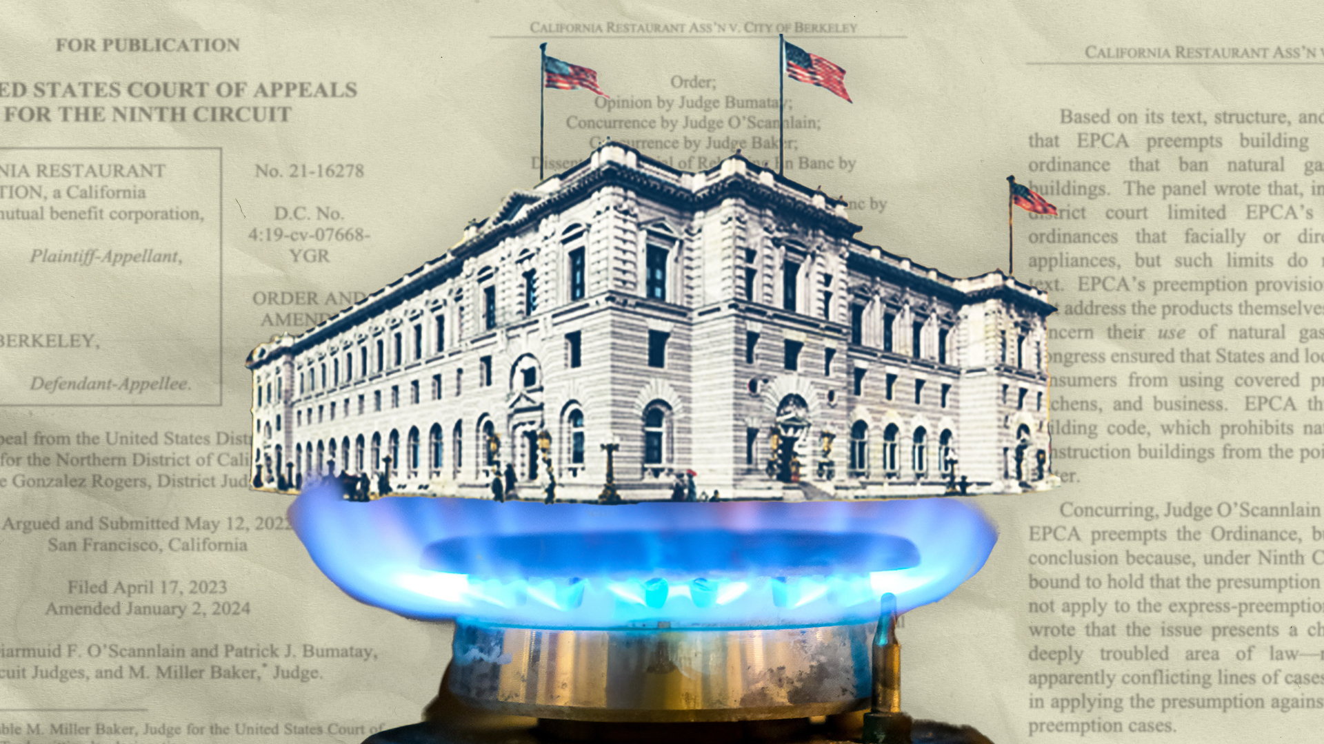 Graphic of the 9th Circuit headquarters building on a gas stove burner.