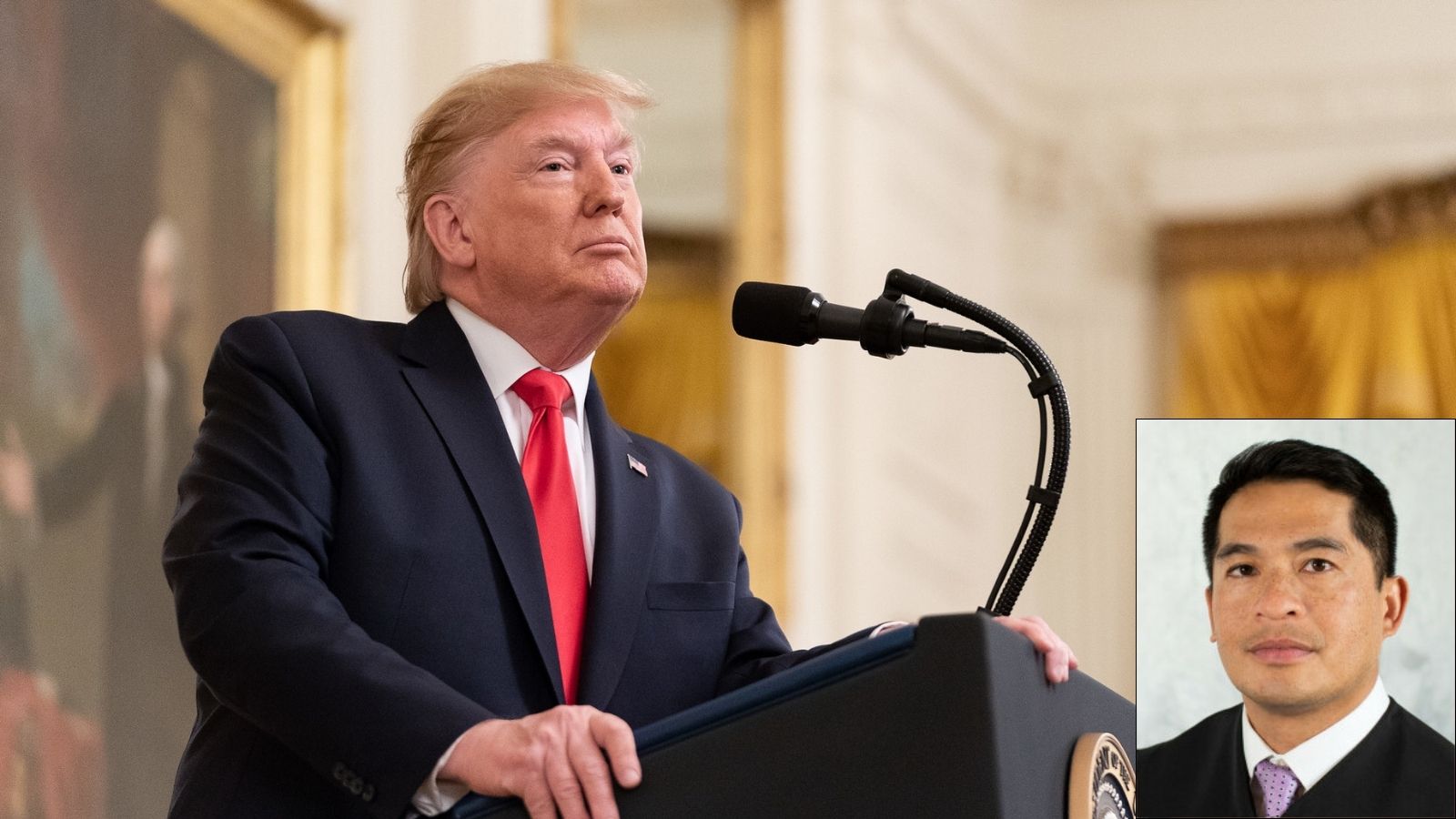 Composite photo of former President Donald Trump and 9th Circuit Judge Patrick Bumatay.