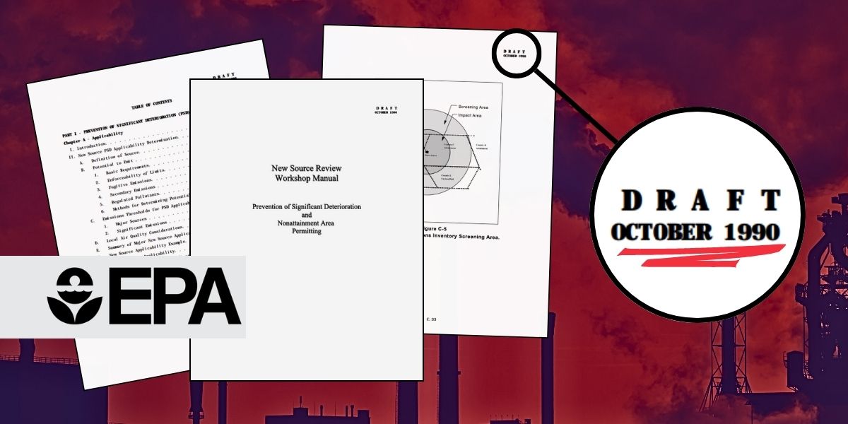 3 scattered pages of EPA's Clean Air Act. Behind the pages is a red sky filled with smoke from industry.