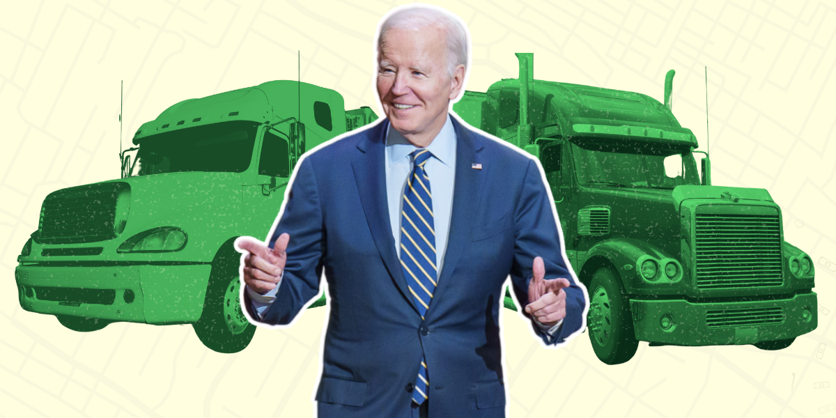 A photo of President Joe Biden pointing both ways, superimposed on a photo of two semi trucks stylized in light an dark green. In the light beige background, an aerial view of street map made of lines. 