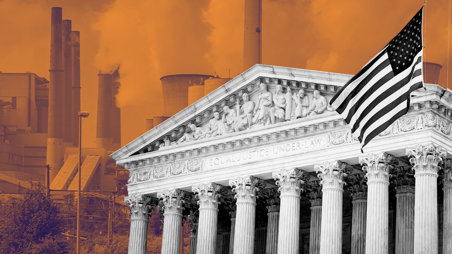 Supreme Court building with power plants in the background.