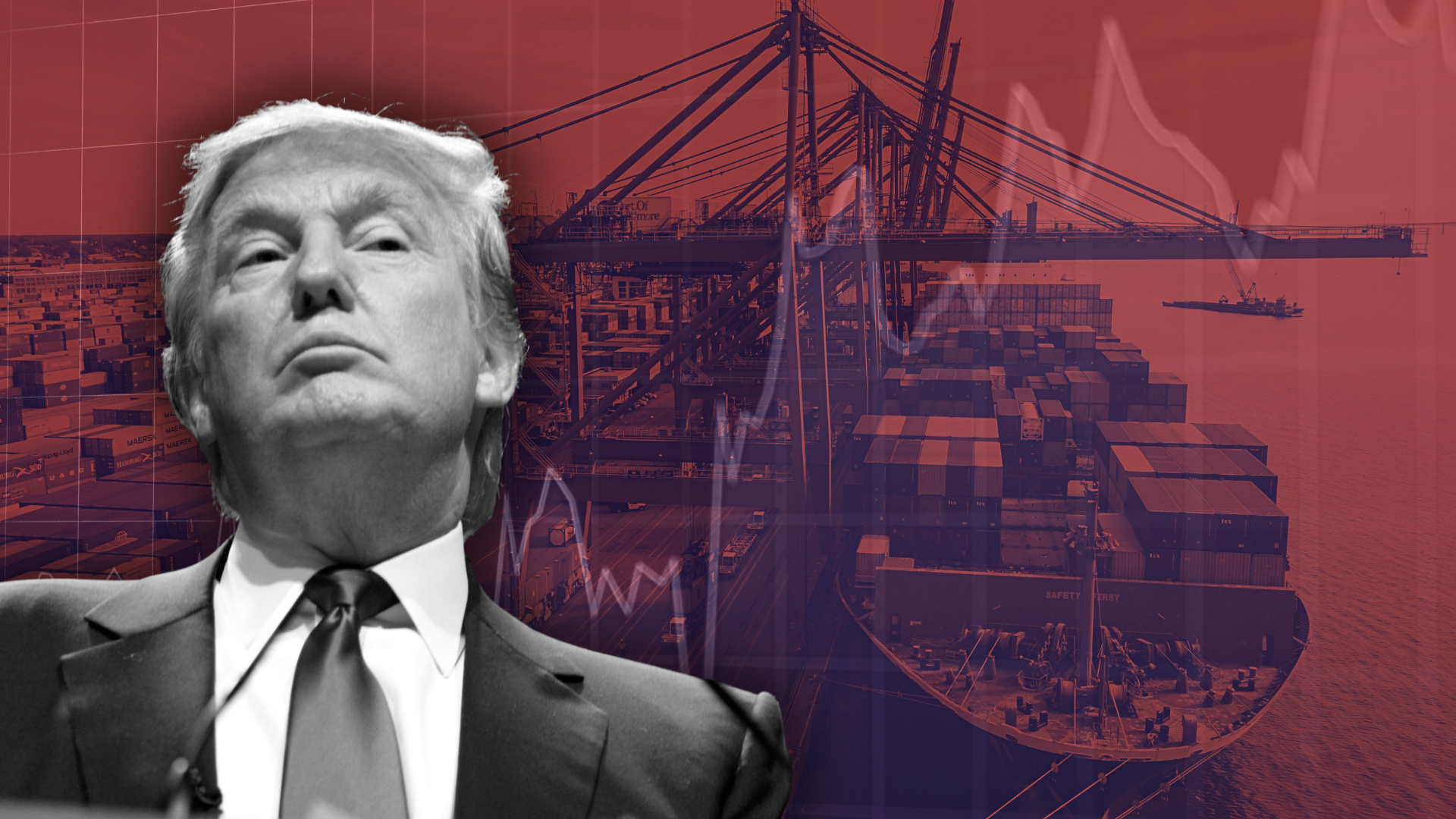 A photo of Donald Trump frowning, overlaid over a photo of a shipping container in red and a visual of a graph with prices climbing.