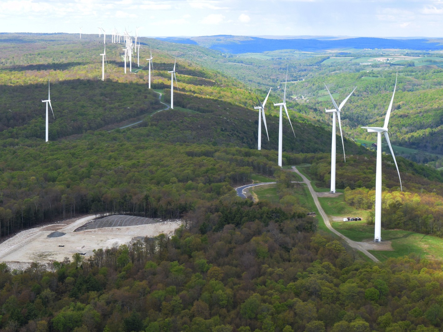Overhead view of a wind farm in rural Pennsylvannia