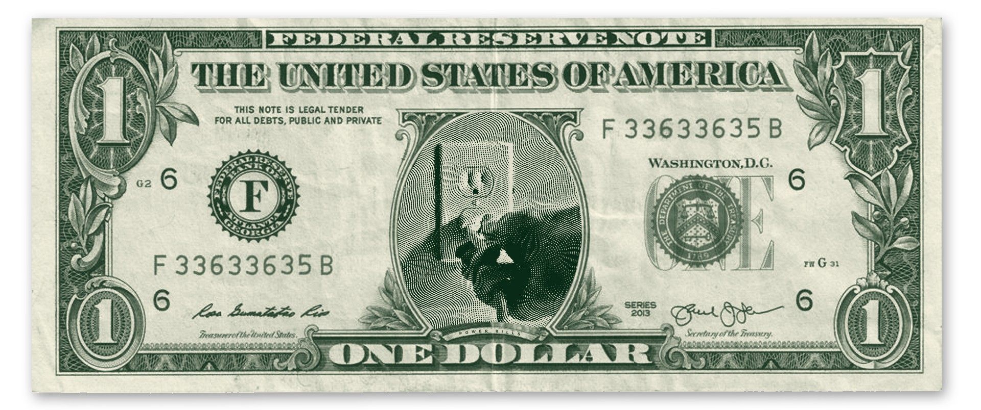 Dollar bill. Instead of George Washington at the center, there's a hand plugging a cable into an outlet.