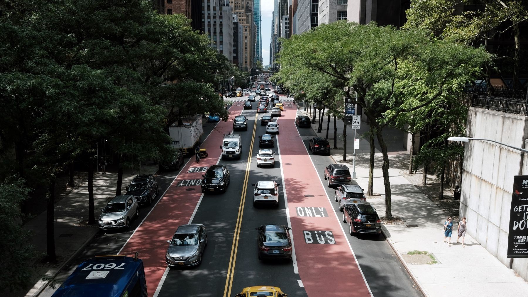 Light traffic moving through a tree-lined street in Manhattan 