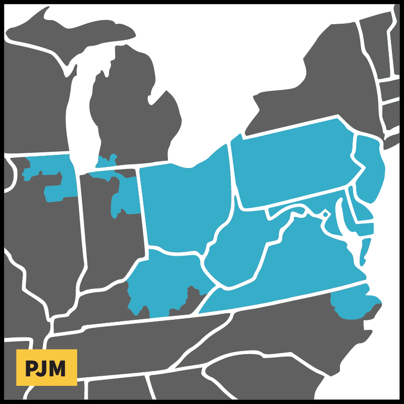 Map of all or parts of states served by PJM: Pennsylvania, New Jersey, Maryland, Delaware, Ohio, Michigan, Illinois, Indiana, Virginia, West Virginia, North Carolina, Kentucky, Tennessee, D.C.
