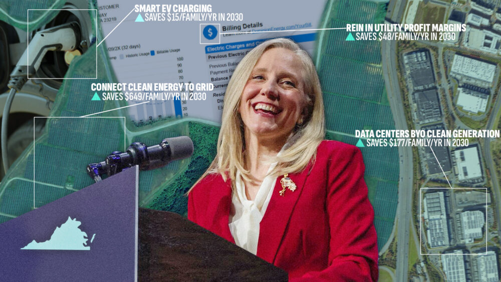 Governor of New Jersey behind a podium over a collage background.