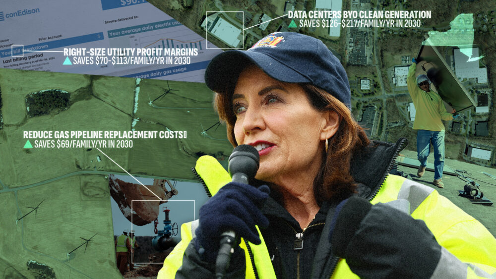 Governor Hochul wearing a high-viz vest and speaking into a mic over a collage.
