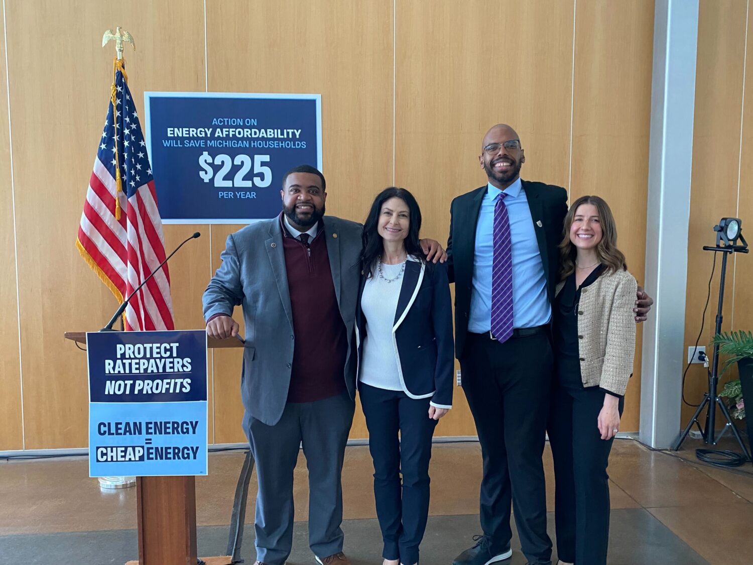 Michigan AG Dana Nessel, State Rep. Donavan McKinney, NRDC’s Derrell Slaughter, and Evergreen's Courtney Brady at the release of a report on 