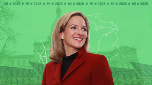 A stylized graphic of Michigan gubernatorial candidate Jocelyn Benson in a red blazer smiling, set against a green-tinted background featuring the outline of Michigan, a capitol building, wind turbines, and solar panels, with 'MI 2026' repeated across the top.