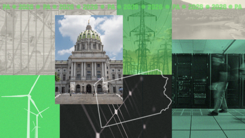 A collage graphic labeled 'PA 2026' featuring the Pennsylvania State Capitol building, power lines, wind turbines, a data server room, and an outline of Pennsylvania's state shape, on a green-tinted background.
