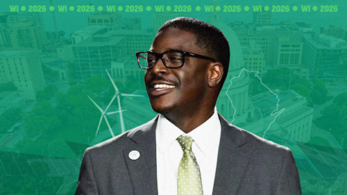 A stylized graphic of Wisconsin gubernatorial candidate David Crowley in glasses and a suit, set against a green-tinted city skyline background featuring the outline of Wisconsin, wind turbines, and solar panels, with 'WI 2026' repeated across the top.