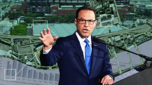 Pennsylvania Governor Josh Shapiro speaks at a podium gesturing with his hand, with an aerial map of Philadelphia's sports complex and a closeup image of a utility bill composited in the background.